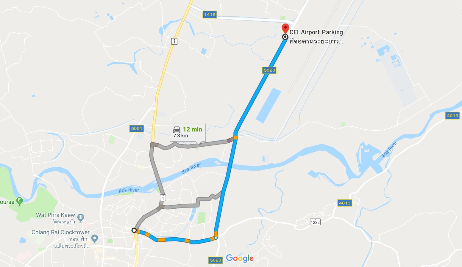 การเดินทางไป ที่จอดรถระยะยาว เริ่มจาก ห้าแยกพ่อขุนเม็งราย เชียงราย direction-to-cei-airport-parking-from-king-mengrai-the-great-monument